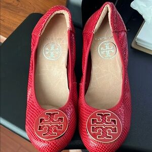 Tory Burch Red Snakeskin wedge with Logo Medallion